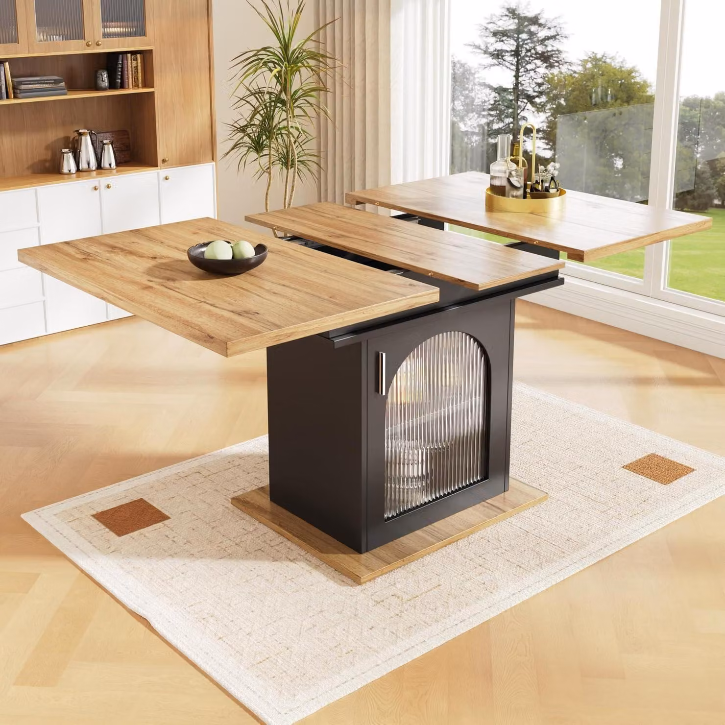 Tavolo da pranzo allungabile con 3 ripiani, dimensioni 140x80 cm, finitura naturale e nera