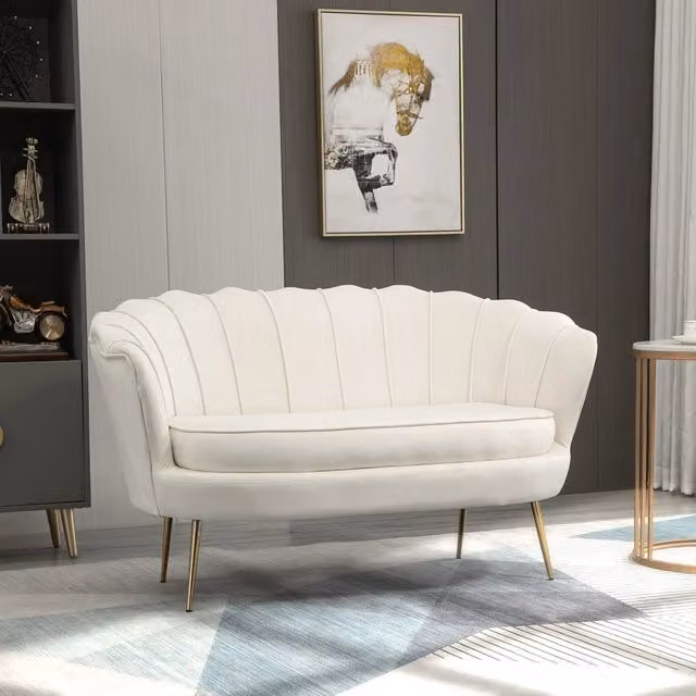 Divano a 2 posti REDOM in velluto bianco con struttura in metallo stile vintage L: 130 cm, P: 77 cm, H: 77 cm
