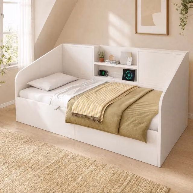 Letto contenitore Mivray bianco con ricarica USB e Type-C, ripiani posteriori e rete a doghe, L/P: 90 x 200 cm, H: 105 cm – 1