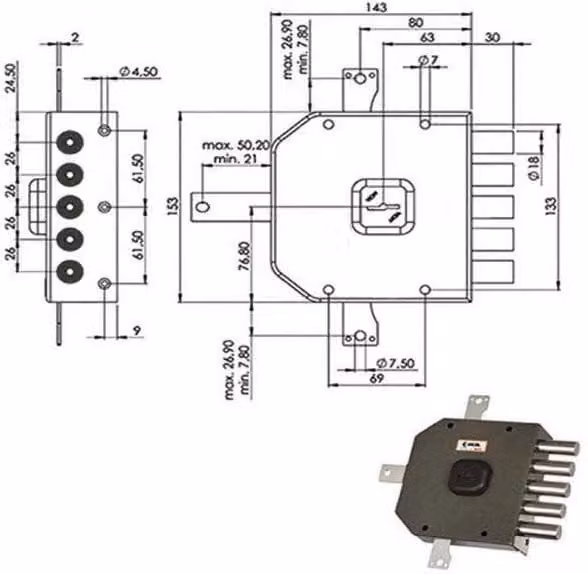 Serratura di sicurezza Moia A415 a cilindro quintuplo destra L: 143,5 mm, H: 153,5 mm