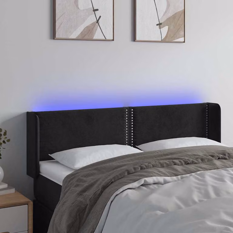 Testiera per letto vidaXL in velluto nero con illuminazione LED integrata e porta di ricarica USB, L 147 cm x P 16 cm x H 78/88 cm