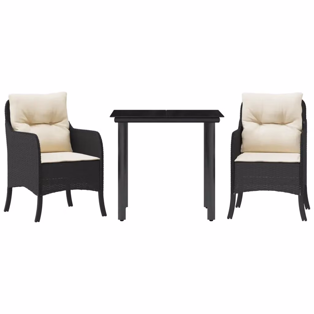 Set da Pranzo da Giardino 3 pz vidaXL in Polyrattan Nero con Cuscini e Piano in Vetro – 2