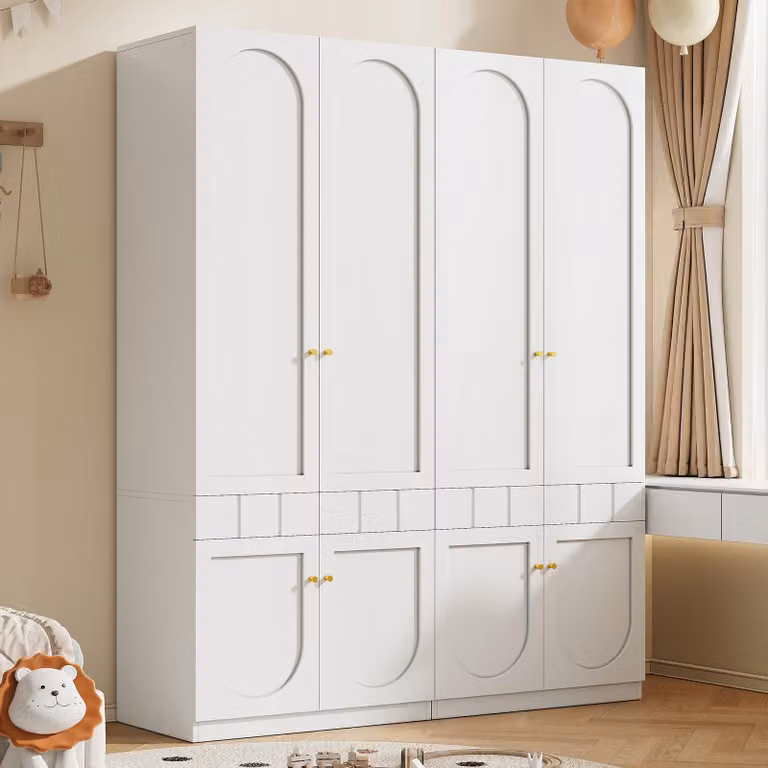Armadio per bambini MODFU con asta appendiabiti e maniglie in metallo; armadio contenitivo con ampio spazio; armadio laccato con maniglie in metallo, set da 2 pezzi, bianco