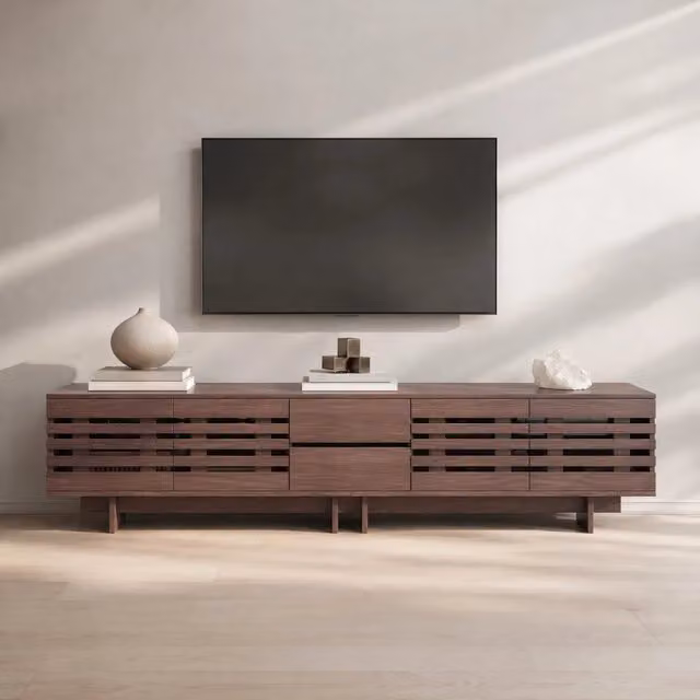 Mobile TV con 4 ante, 2 cassetti e 6 vani, stile retrò con passacavi, per soggiorno e camera, noce, 200 × 39,5 × 55 cm