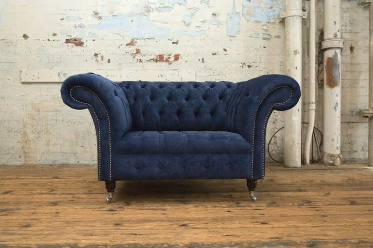 Chesterfield Sessel Couch Polster Sofa Couchen 1,5 Sitzer Einsitzer Blau Textil