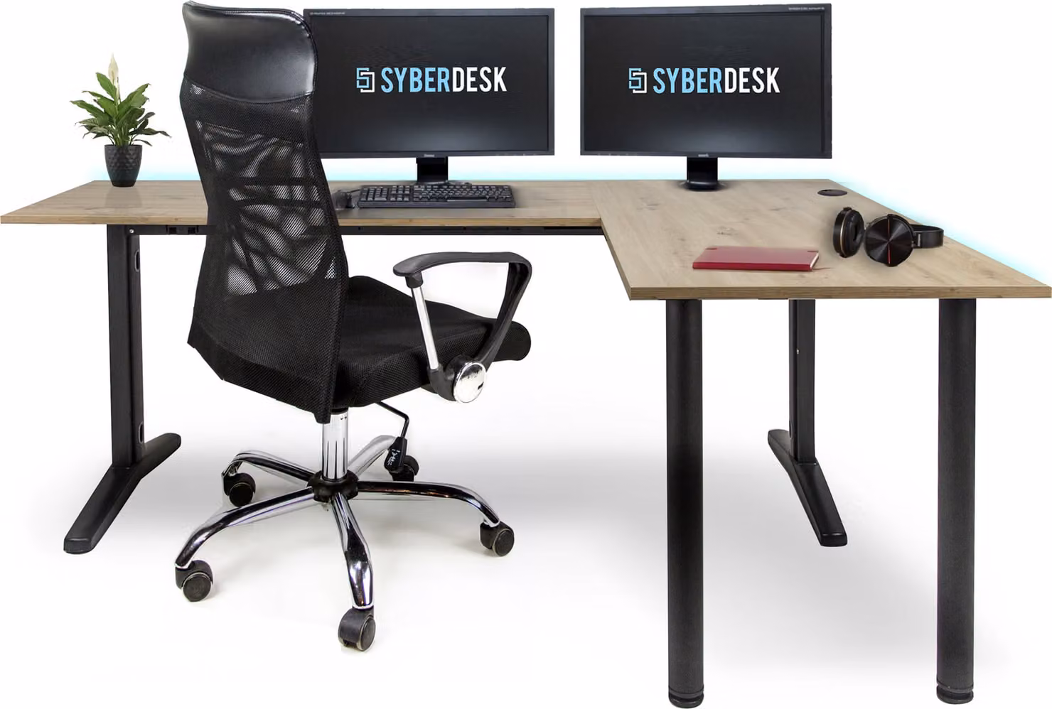 SyberDesk Scrivania angolare da gioco V2 LED, 197 x 132 cm, scrivania da gioco RGB a forma di L, USB-HUB, gestione dei cavi, rovere Artisan, (stile rovere destro)