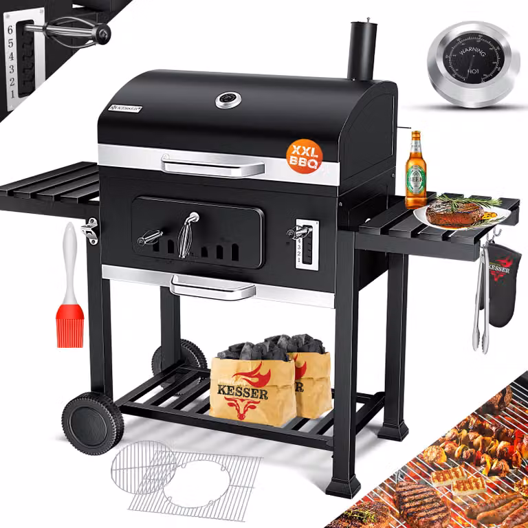 KESSER® Carrello per barbecue XXL, barbecue a carbone con coperchio, ruote, maniglia in acciaio inossidabile, griglia e termometro