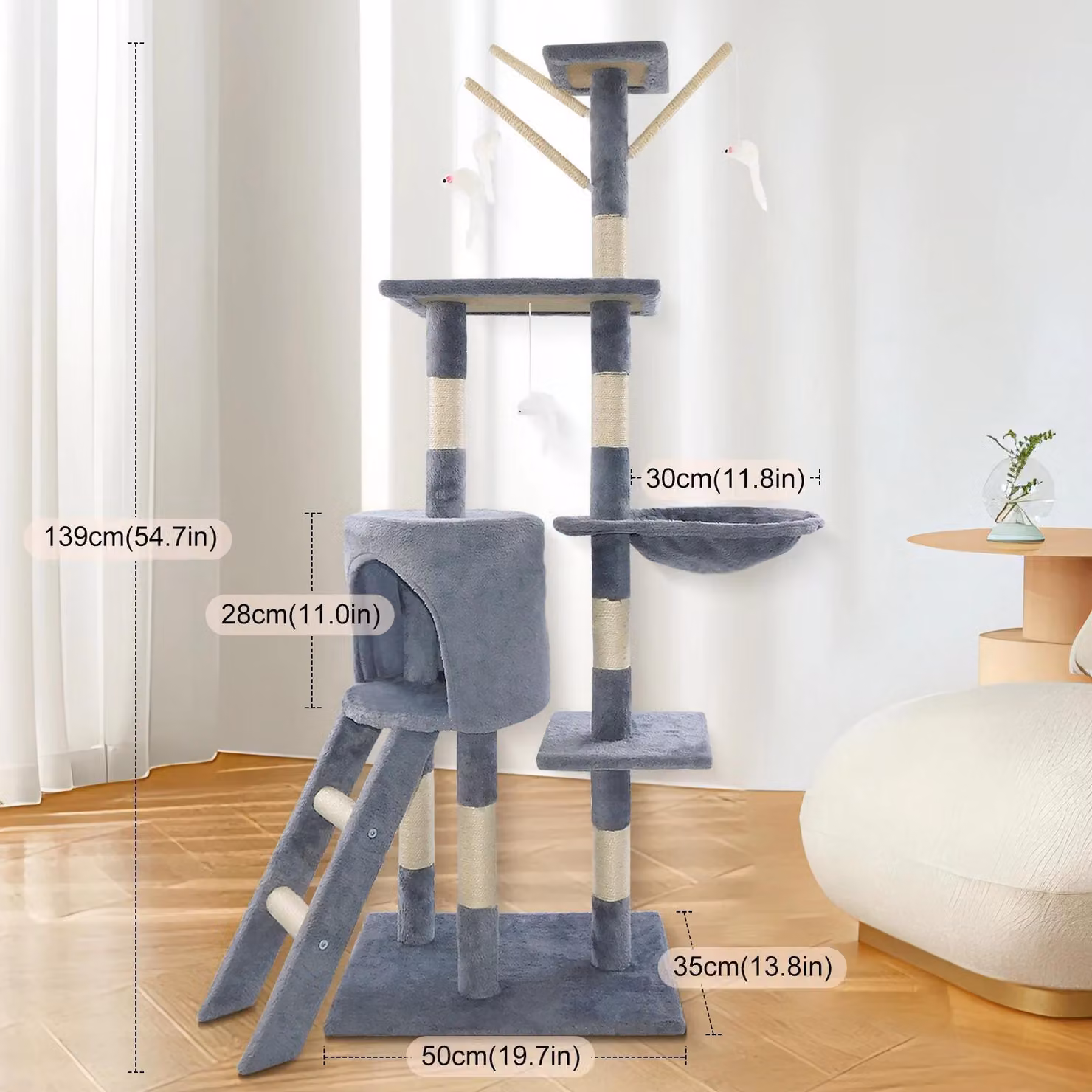 Katzenbaum - Torre per gatti - Altezza: 140 cm - Multilivello - Casa per gatti con grotte - Scala - Pali per graffiare