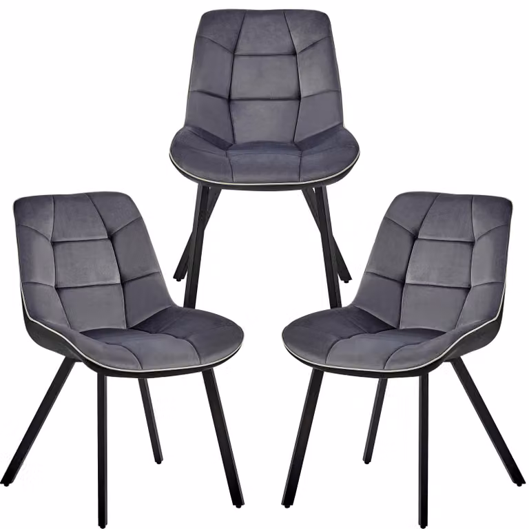 Sedie da pranzo moderne in velluto e pelle - sedie da pranzo di facile manutenzione in 3 varianti di colore - sedie da cucina imbottite con rivestimento trapuntato - sedie da pranzo robuste con struttura in metallo , Colore:Grigio scuro;Quantità:3 pezzi.