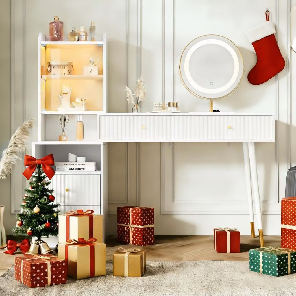 Set da toeletta Fortuna Lai con specchio LED a tre colori, quattro cassetti, 1 armadio illuminato con ante in vetro, 1 vano portaoggetti aperto, bianco, dimensioni: 100 x 40 x 125 cm (senza sgabello)