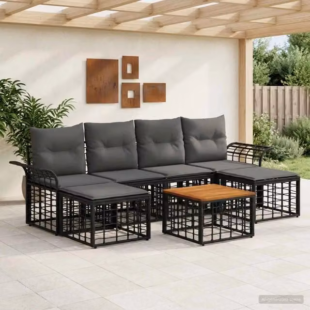 Set di divani da esterno 7 pz Nero e Grigio scuro Poliestere 3437743