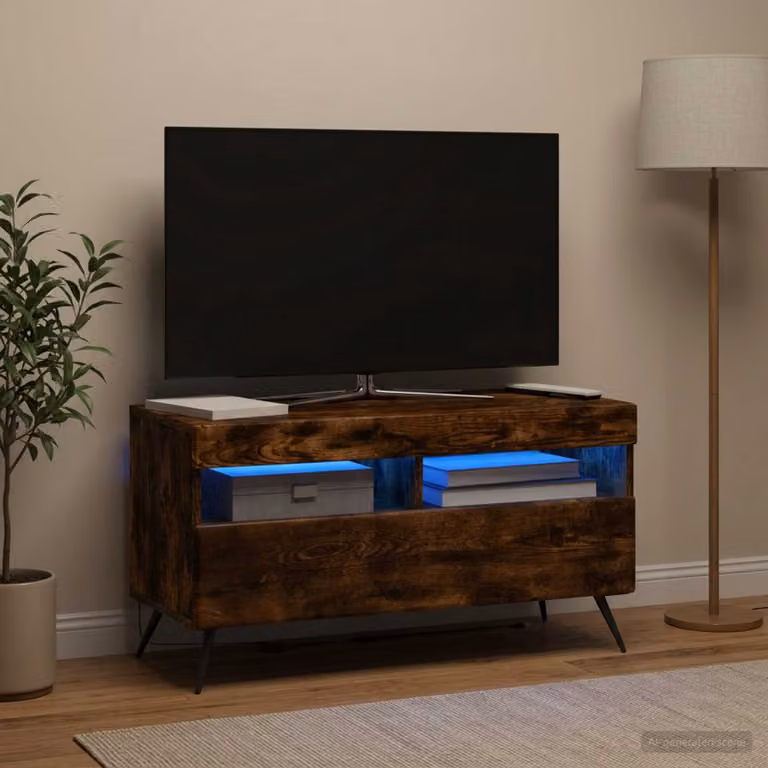 Mobile TV LED vidaXL in legno ingegnerizzato Rovere Fumo, moderno con illuminazione integrata e vani porta media, marrone, L: 81 cm, P: 35 cm, H: 43 cm
