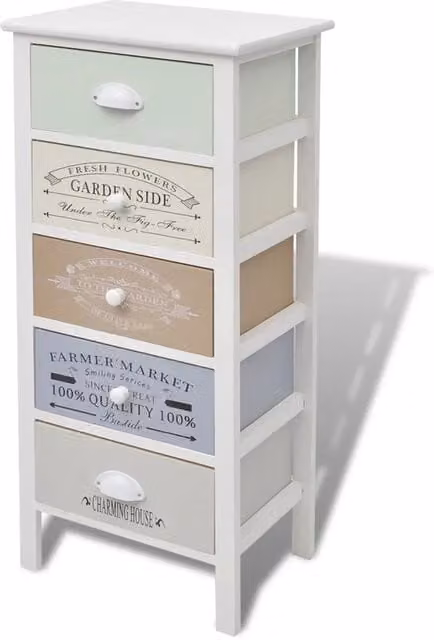 Mobile contenitore in stile country house con 5 cassetti decorativi in legno bianco L/P/H: 38 x 28 x 86,5 cm