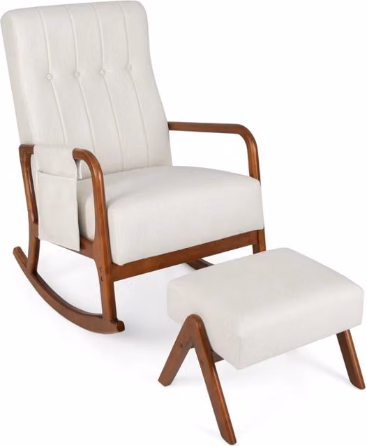 Poltrona a dondolo imbottita con schienale e tasca laterale, Sedia a dondolo con ottomana da poltrona relax Beige-Sedie e poltrone