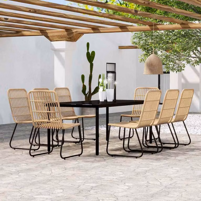 Set da pranzo per giardino e terrazzo vidaXL da 9 pezzi con tavolo in vetro e sedie con cuscini, colore nero e marrone