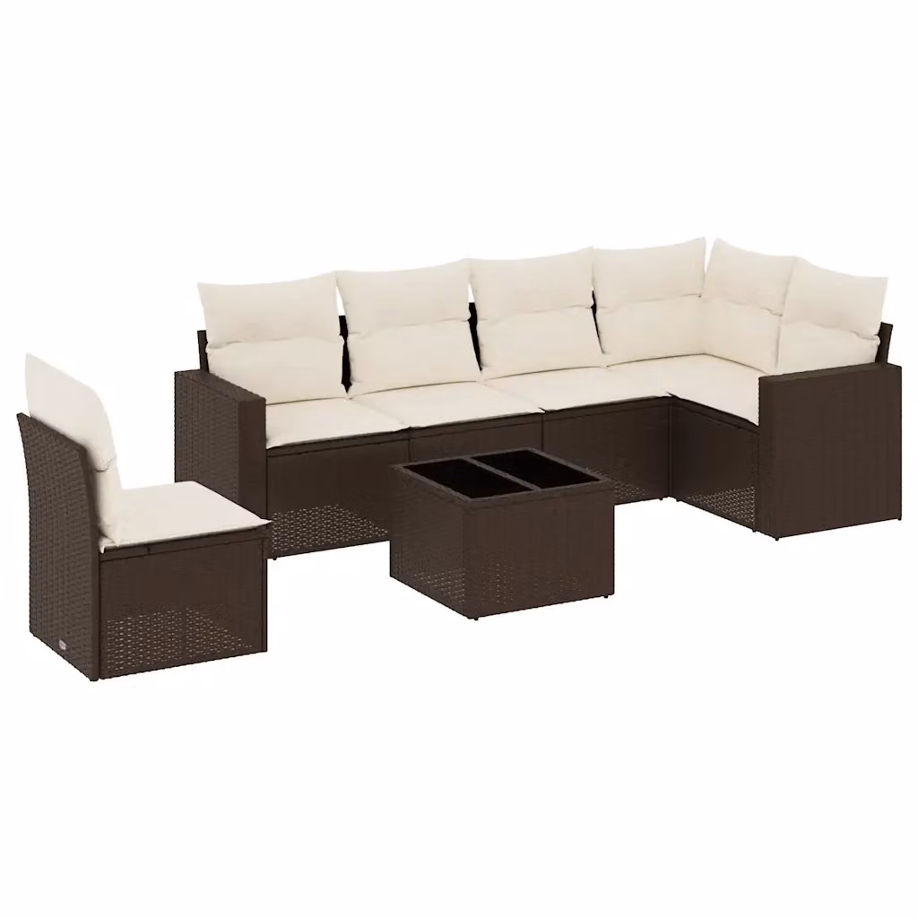 Set di divani da giardino vidaXL 7 pz a forma di L in polyrattan marrone con cuscini bianchi e tavolino da esterno – 2