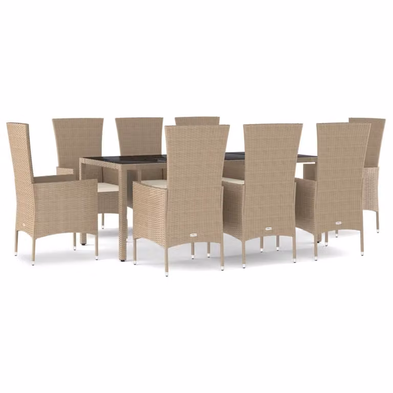 Set da Pranzo da Giardino 9 pz con Cuscini Beige in Polyrattan