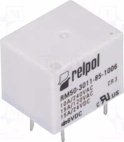 1 relè: bobina elettromagnetica, 6 VDC, 10 A, max. 277 VAC, modello RM50-3011-85-1006, componente elettrica