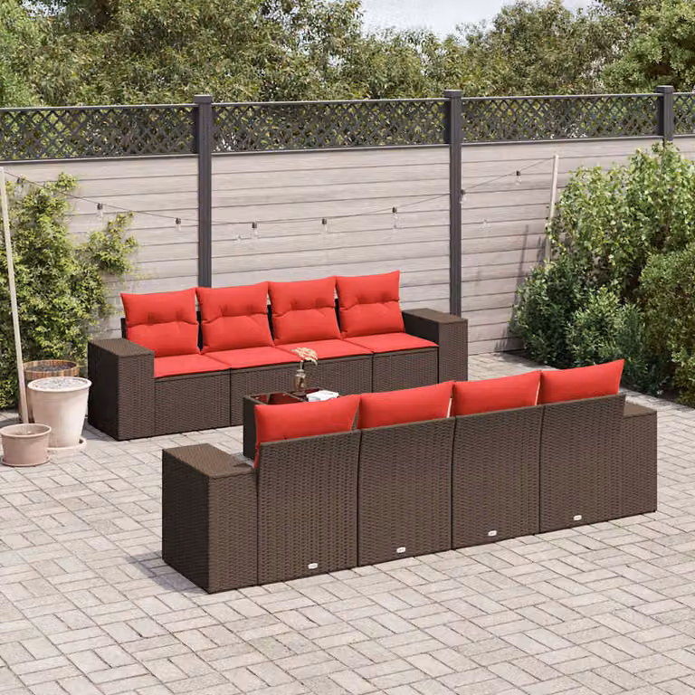 Set di divani da giardino vidaXL 9 pezzi con cuscini marroni e tavolino in rattan e metallo per esterno