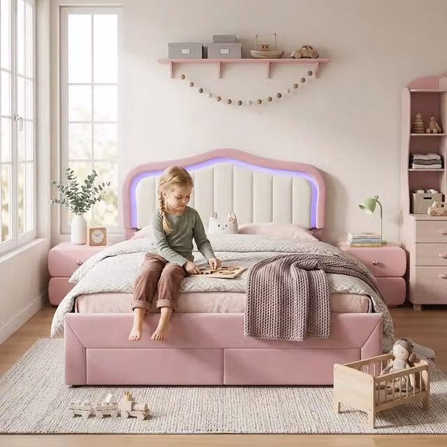 Letto imbottito rosa 140x200 cm in velluto con 2 cassetti e LED controllati tramite app per cameretta
