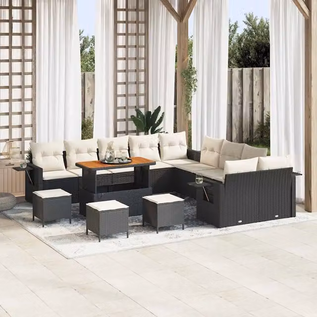 Set Divano da Giardino vidaXL a Forma a U con Cuscini e Tavolino, Nero – 1