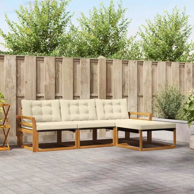 Set di divani da esterno a L con ottoman vidaXL in legno di acacia e tessuto beige e bianco