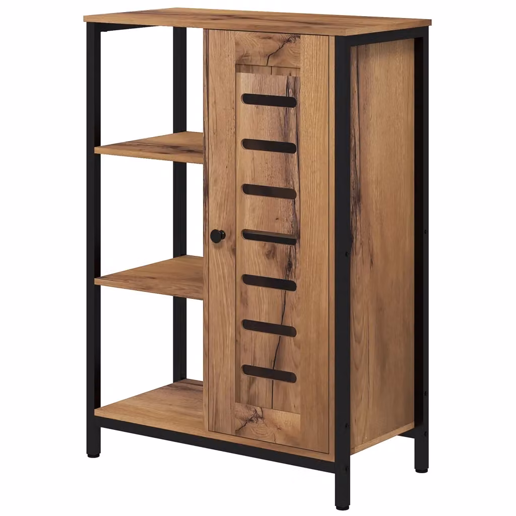 Armadietto da bagno Xylo con ante a lamelle in stile industrial, colore marrone rustico, L: 60 cm, P: 30 cm, H: 85 cm – 2