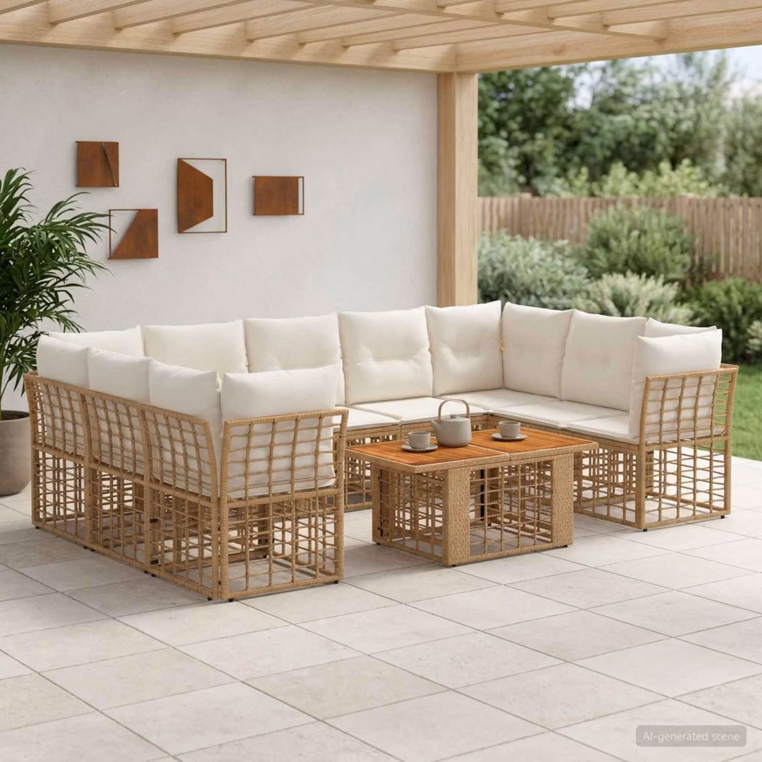 Set Divano da Giardino vidaXL 10 Pezzi a Forma di L con Tavolino, Polyrattan e Cuscini Imbottiti, Colore Naturale e Bianco Crema