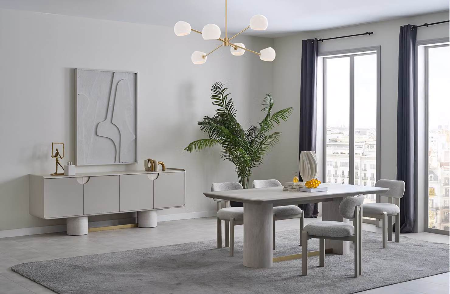 Moderne Graue Esszimmer Garnitur Edler Esstisch Textilstühle Sideboard