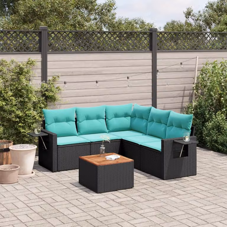 Set di divani da giardino vidaXL a forma di L in polyrattan nero con cuscini blu e tavolino da esterno per 6 persone