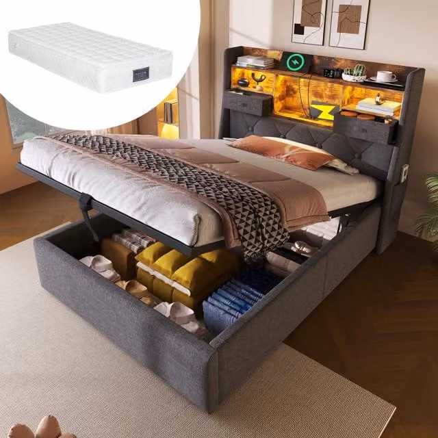 Letto singolo contenitore 90 × 200 cm con LED, 3 USB e porta di tipo C, materasso incluso, lino grigio