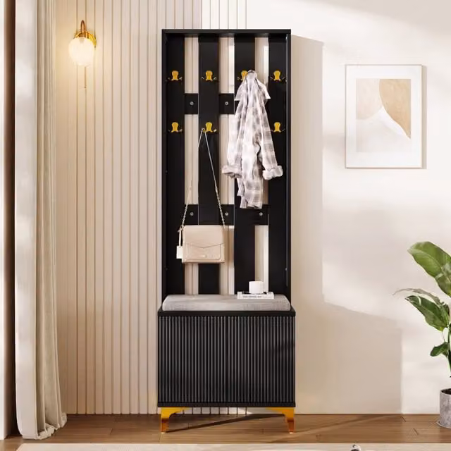 Set Ingresso Minimal con Panca, Appendiabiti e Ganci in Legno con Cuscino in Tessuto, Marrone e Nero, L/P/H: 80 x 40 x 75 cm