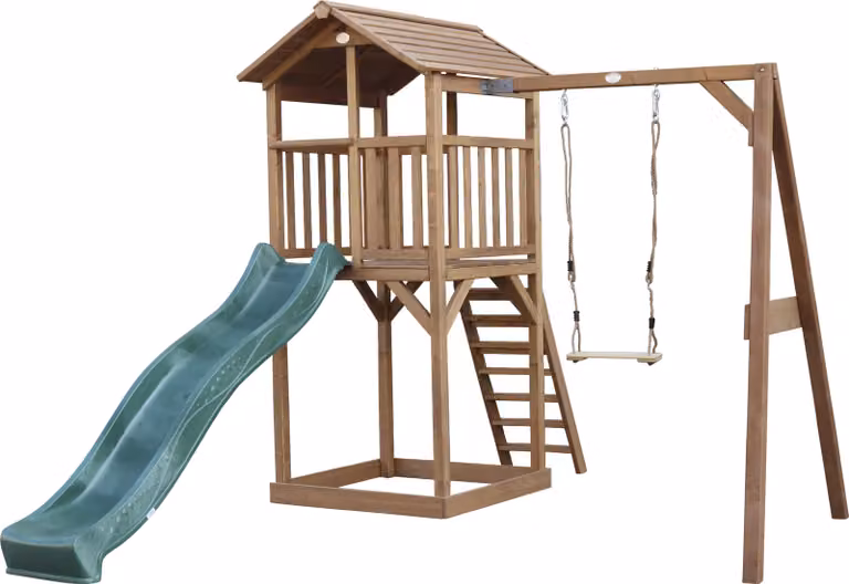 AXI Beach Tower parco giochi in legno in marrone | Torre di gioco per bambini con sabbiera, altalena e scivolo verde | Casa per bambini su palafitte per il giardino