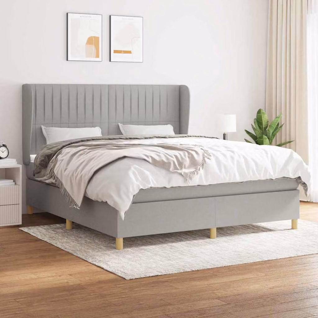 vidaXL Giroletto a Molle con Materasso in Tessuto Grigio Chiaro e Bianco, L/P/H: 160 x 200 cm – 1
