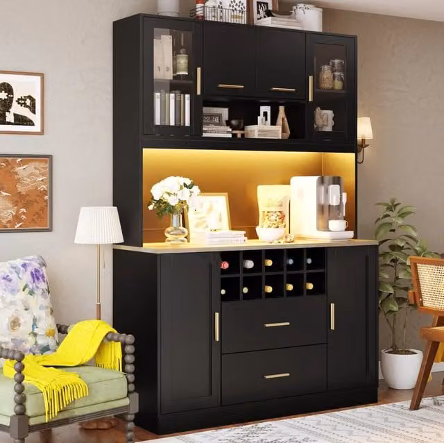 Credenza 120x36,3x180 cm nera in MDF, 6 ante con LED e prese USB