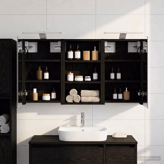 Set di 3 armadi da bagno con specchio e illuminazione LED vidaXL, finitura nera opaca, L 90 x P 10,5 x H 50 cm