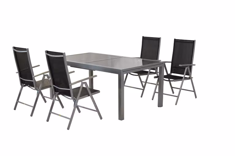 Set di mobili da giardino Merxx Amalfi 5 pezzi, 4 poltrone pieghevoli, tavolo allungabile 140 (200) x 90 cm, nero - alluminio con rivestimento in tessuto