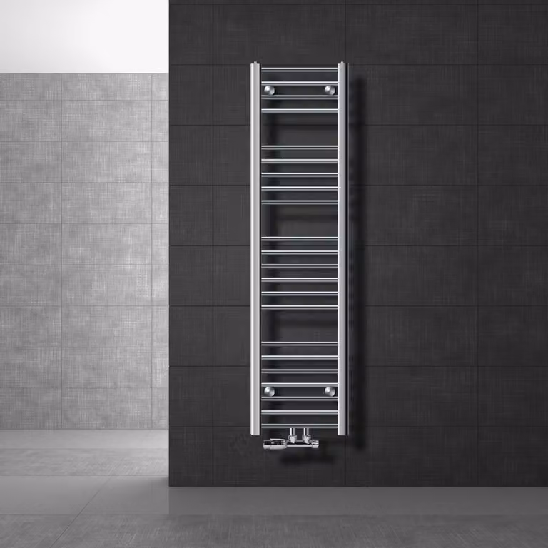 LuxeBath Radiatore da bagno attacco centrale 300 x 1400 mm cromo diritto con termostato e set di attacchi angolo muro cromo - Radiatore, senza elemento riscaldante