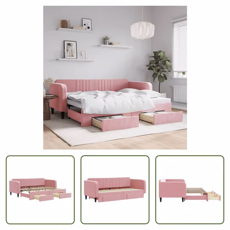 The Living Store Daybed allungabile con cassetti Rosa 90x200 cm in velluto