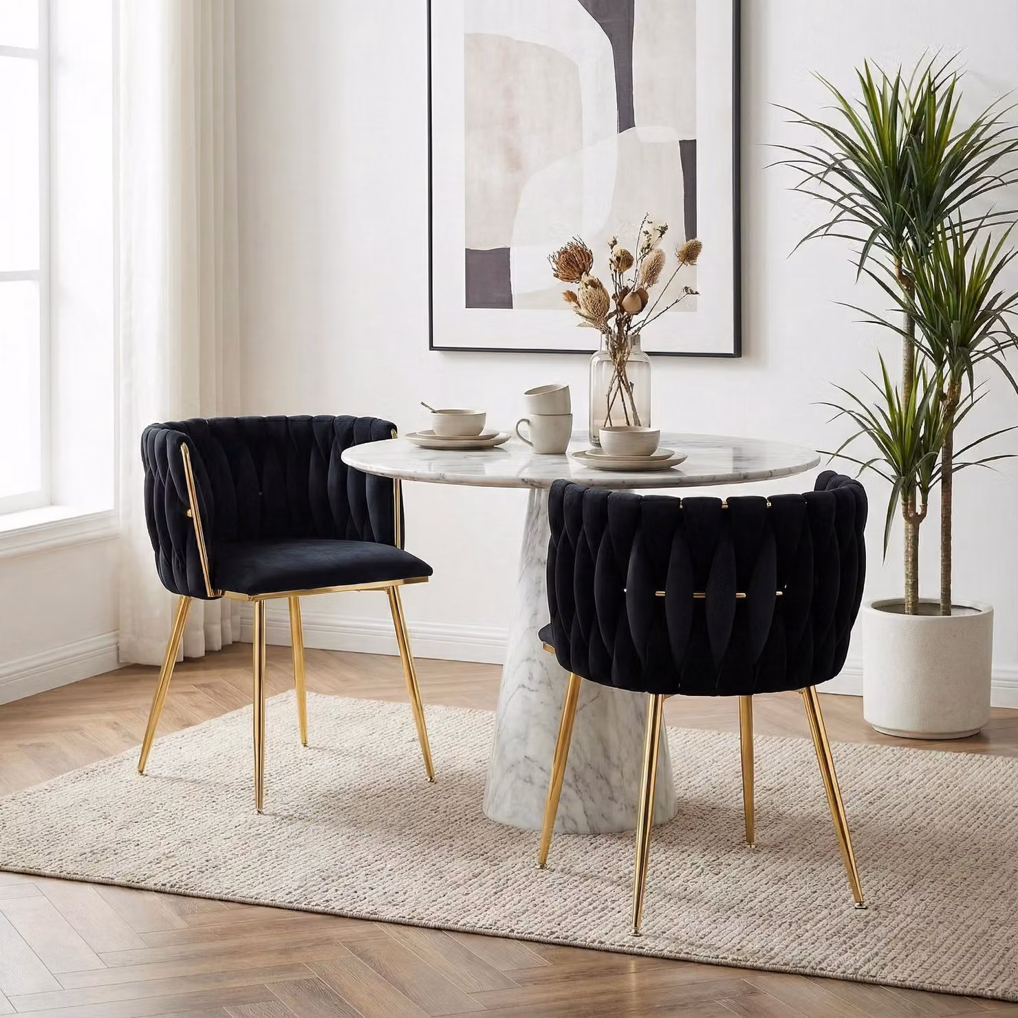 LVHOM Sedie da pranzo Sedia da salotto rivestita in velluto Set di 2 sedie imbottite Stile intrecciato, Sedia da pranzo, Struttura in metallo dorato, Nero