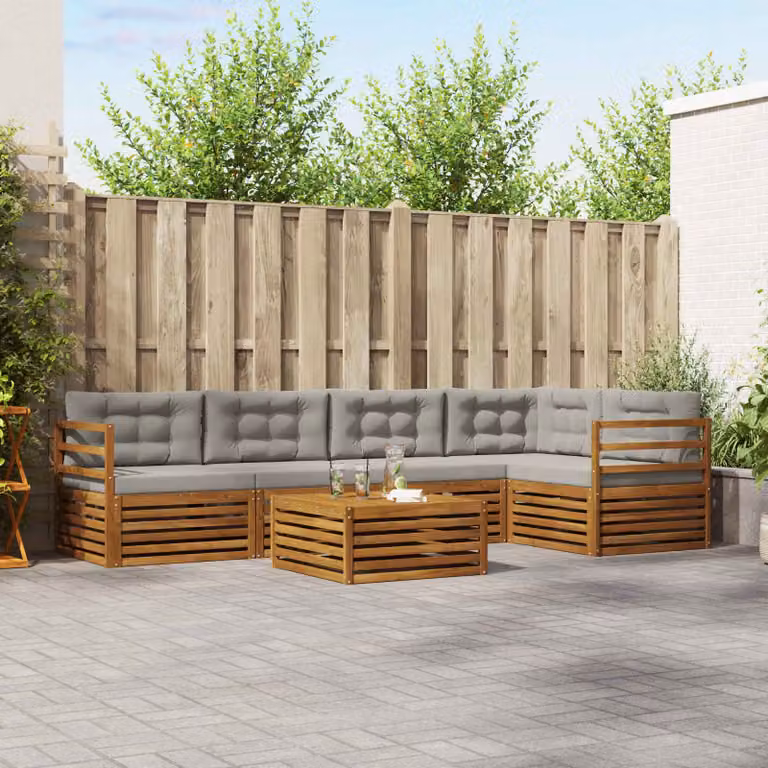 Set di divani da esterno vidaXL 6 pz in legno di acacia con tavolo da caffè e cuscini, composizione a L con orientamento a destra, colore grigio e marrone