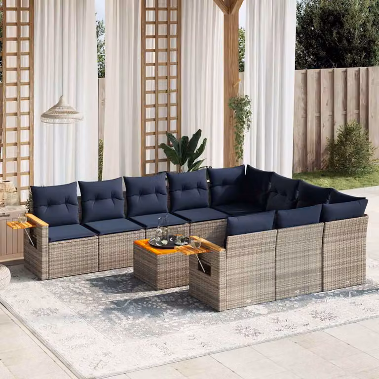 vidaXL Set Divani da Giardino 11 pz in Polyrattan Grigio con Cuscini e Tavolino da Esterno