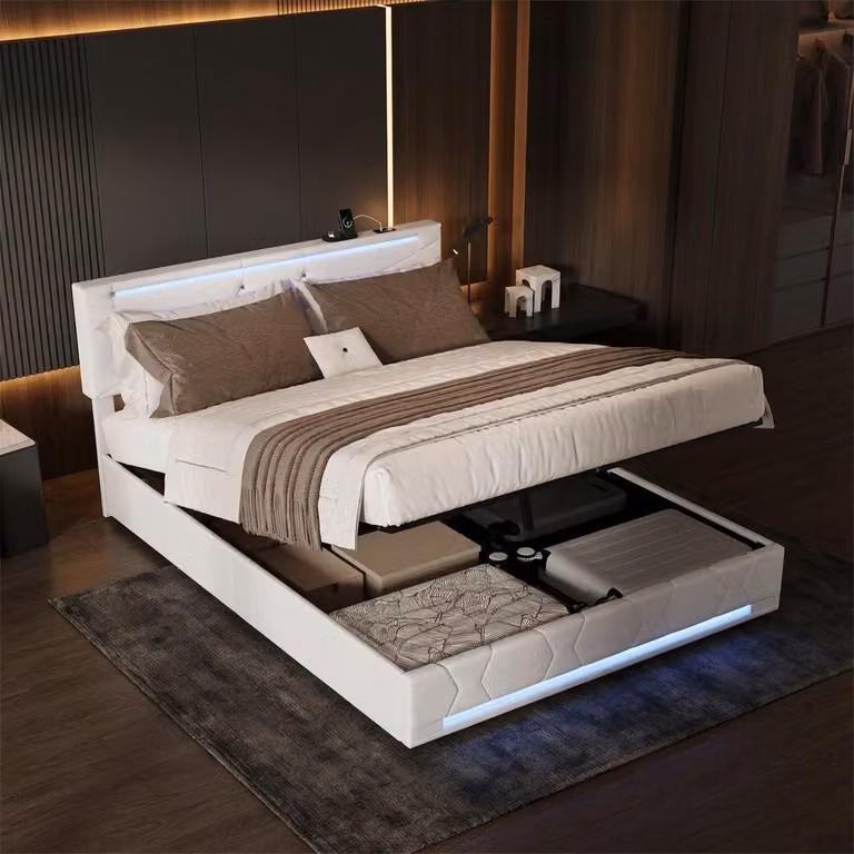 Letto imbottito INONEFT 160x200 cm con USB e porta Type C, letto a molle con LED, letto a castello per ragazzi, letto matrimoniale con rete a doghe e spazio contenitore, letto con contenitore, tessuto in lino, color beige