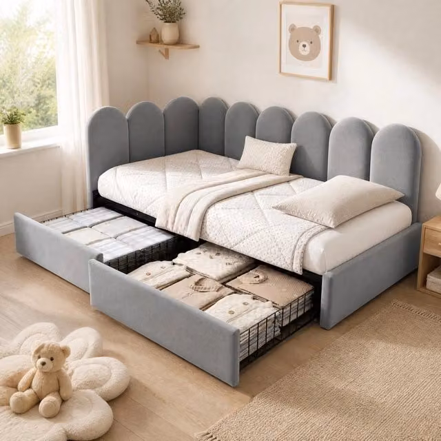 Letto Mivray con 2 cassetti, struttura a L reversibile rivestita in velluto grigio e rete a doghe, L/P: 90 x 190 cm