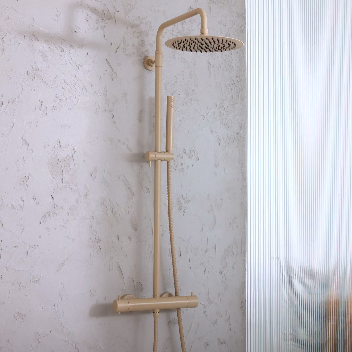 Colonna Doccia con Miscelatore Termostatico, Soffione Rotondo e Doccetta - Beige (Sand) - Elements