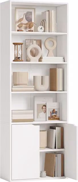 Libreria Moderna HOMCOM con 4 Ripiani e Armadietto a 2 Ante in Legno, Mobile Multiuso Bianco per Soggiorno e Ufficio, L: 59 cm, P: 29 cm, H: 180 cm