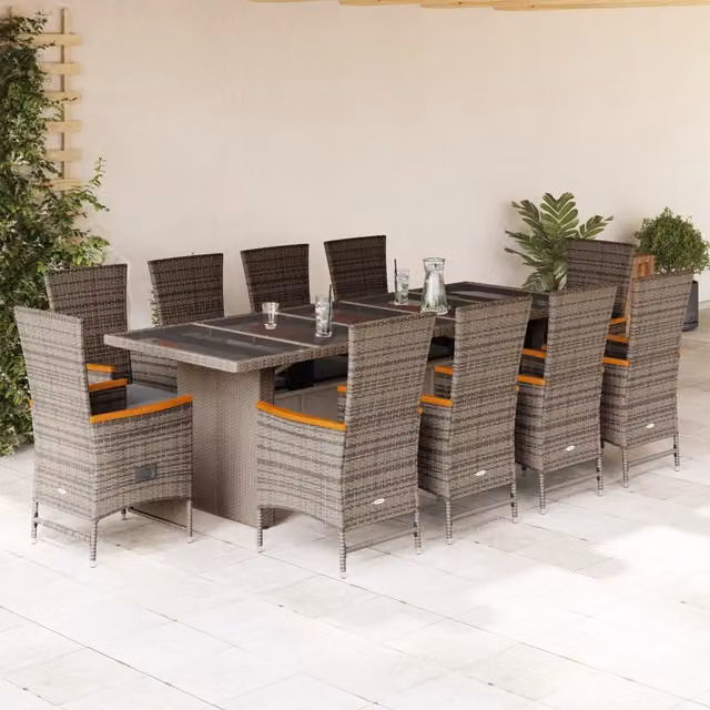 Set da pranzo da giardino vidaXL in polyrattan e legno di acacia con cuscini e tavolo in vetro, 11 pezzi, grigio