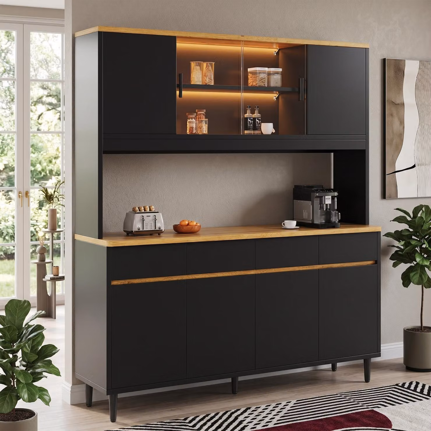 Mobiletto alto Flieks, 160x40x185 cm, credenza con spazio di stoccaggio multistrato, presa di corrente integrata, mobili buffet con illuminazione a LED colorata, colore: nero e noce