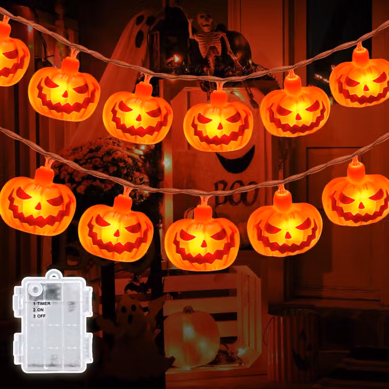 Catena luminosa per Halloween, 3 metri, 20 LED, motivo zucca, timer, grado di protezione IP65, alimentazione a batteria
