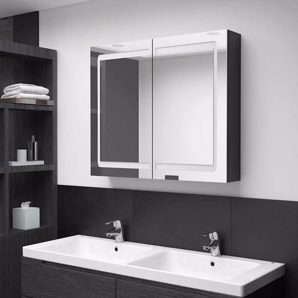 Armadietto da bagno con specchio e illuminazione LED vidaXL, Nero lucido, L 80 cm x P 12 cm x H 68 cm – 1